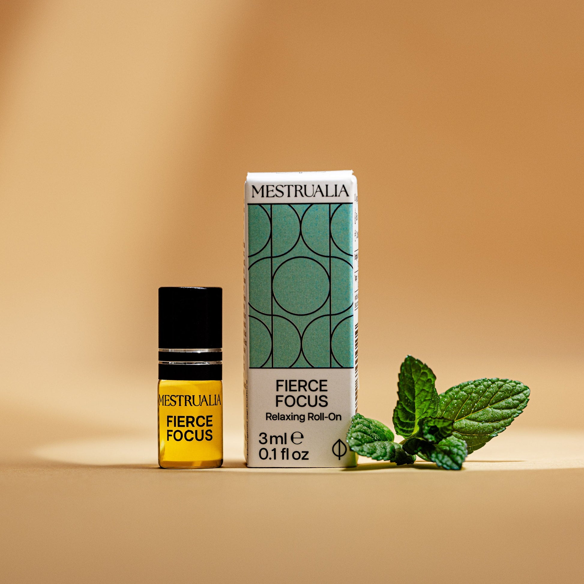 Mestralia Fierce Focus roll-on bottle and packaging on a beige background